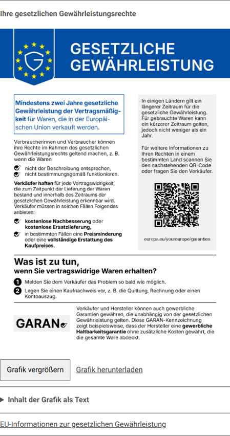 Gewährleistungshinweis im Onlineshop mit den Funktionen Grafik vergrößern, Grafik herunterladen und Inhalt der Grafik als Text
