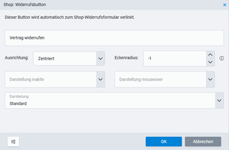 Einstellungen des Shop-Widgets Widerrufsbutton